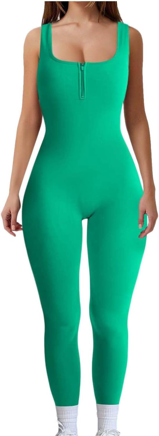 BADHUB Womens One-Piece Jumpsuits Sexy Slim Zipper U Neck Bodysuit Workout Long Rompers Summer Gym Yoga Soft Stretch Clothes