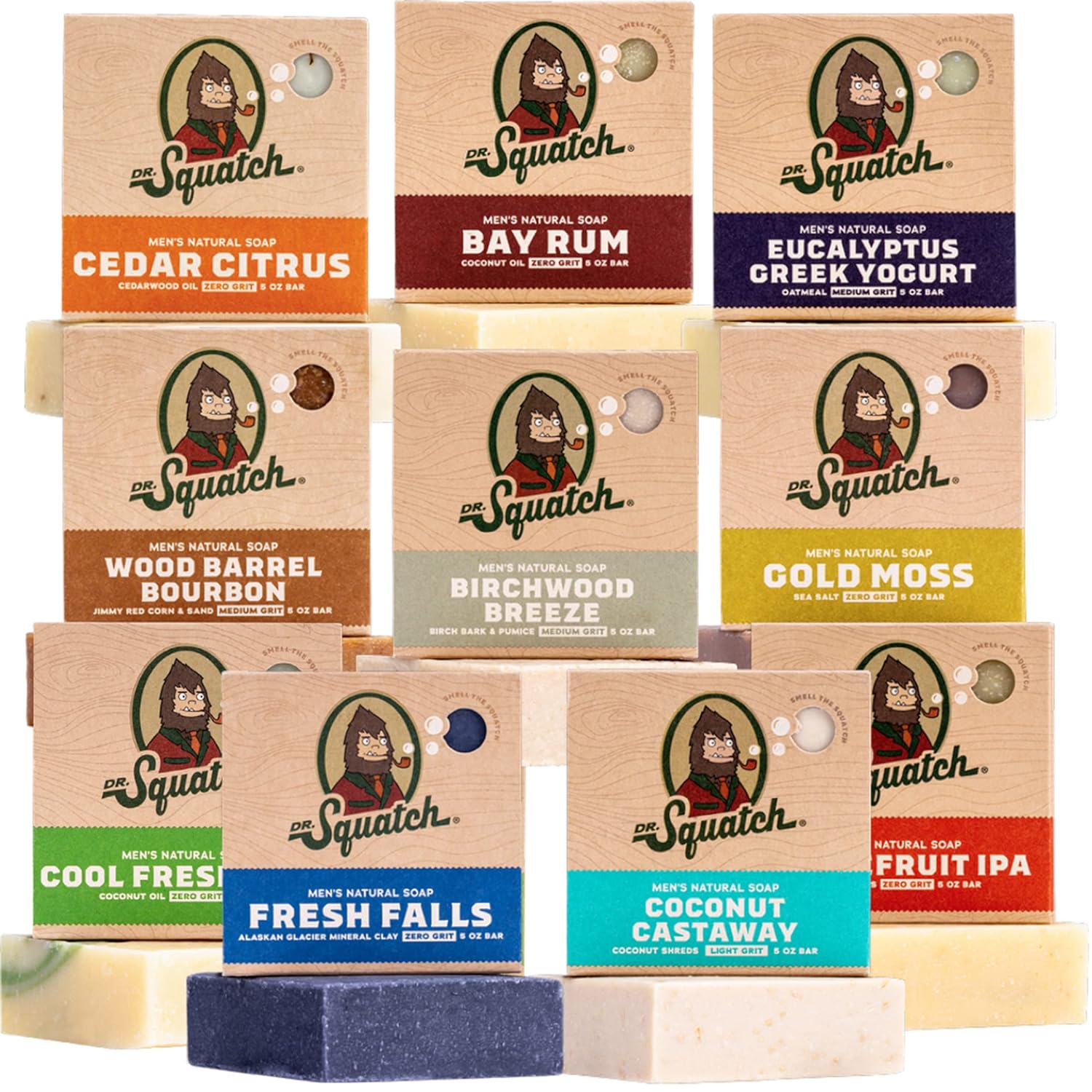 Dr. Squatch Men's Bar Soap Gift Set (10 Bars) Ð Men's Natural Bar Soap - Birchwood Breeze, Fresh Falls, Wood Barrel Bourbon, Coconut Castaway, Cedar Citrus, Bay Rum Soap, and more