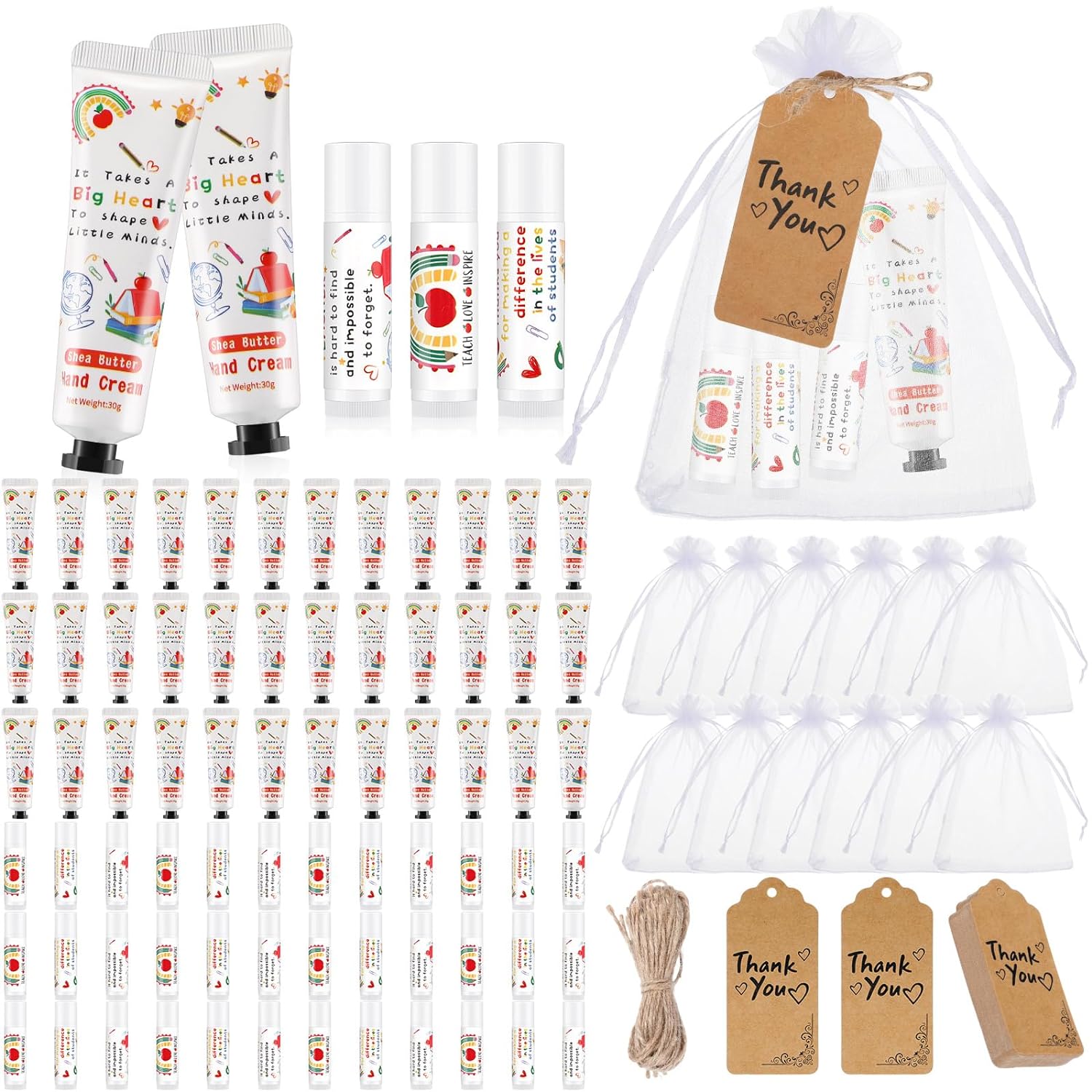 Dansib 36 Sets Teacher Appreciation Gifts Set Thank You Gifts Lip Balm Hand Cream for Dry Cracked Hands with Organza Bags Thank You Tags Jute for Party Holiday Teachers' Day