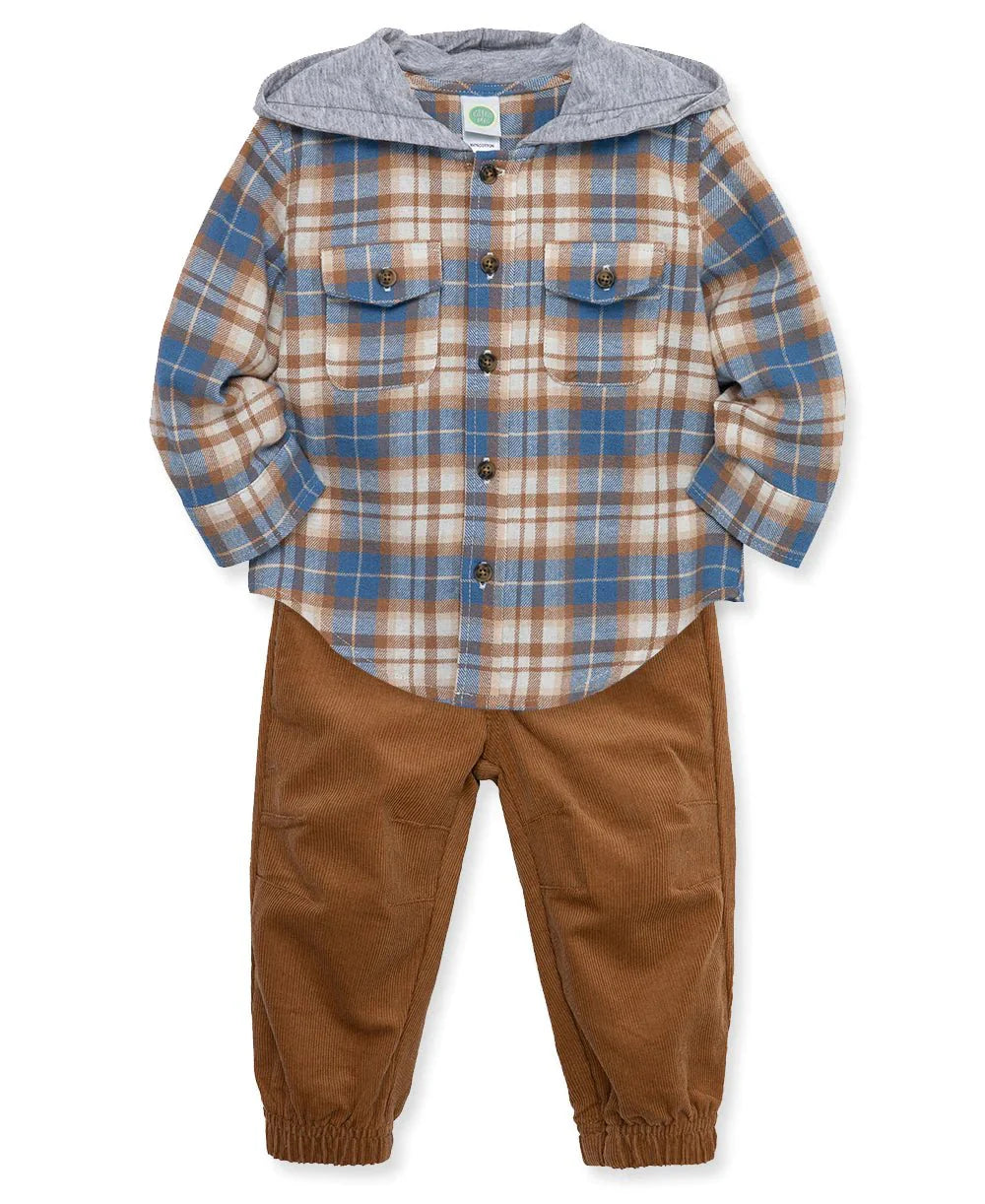 Blue Plaid Woven Pants Set