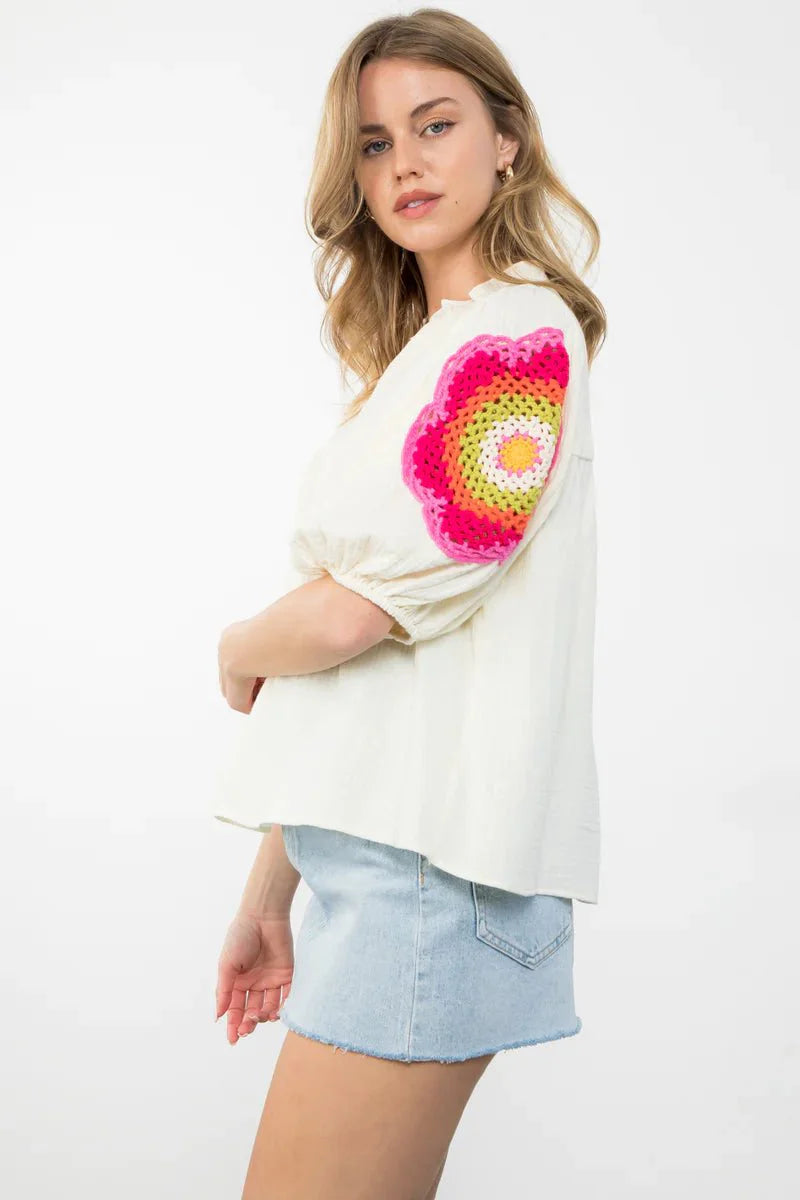 Crochet Detail Puff Sleeve Top