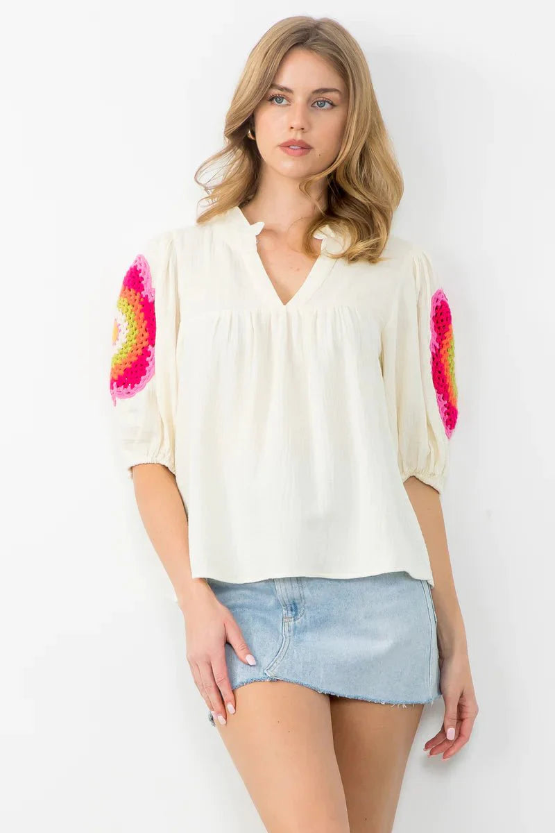 Crochet Detail Puff Sleeve Top
