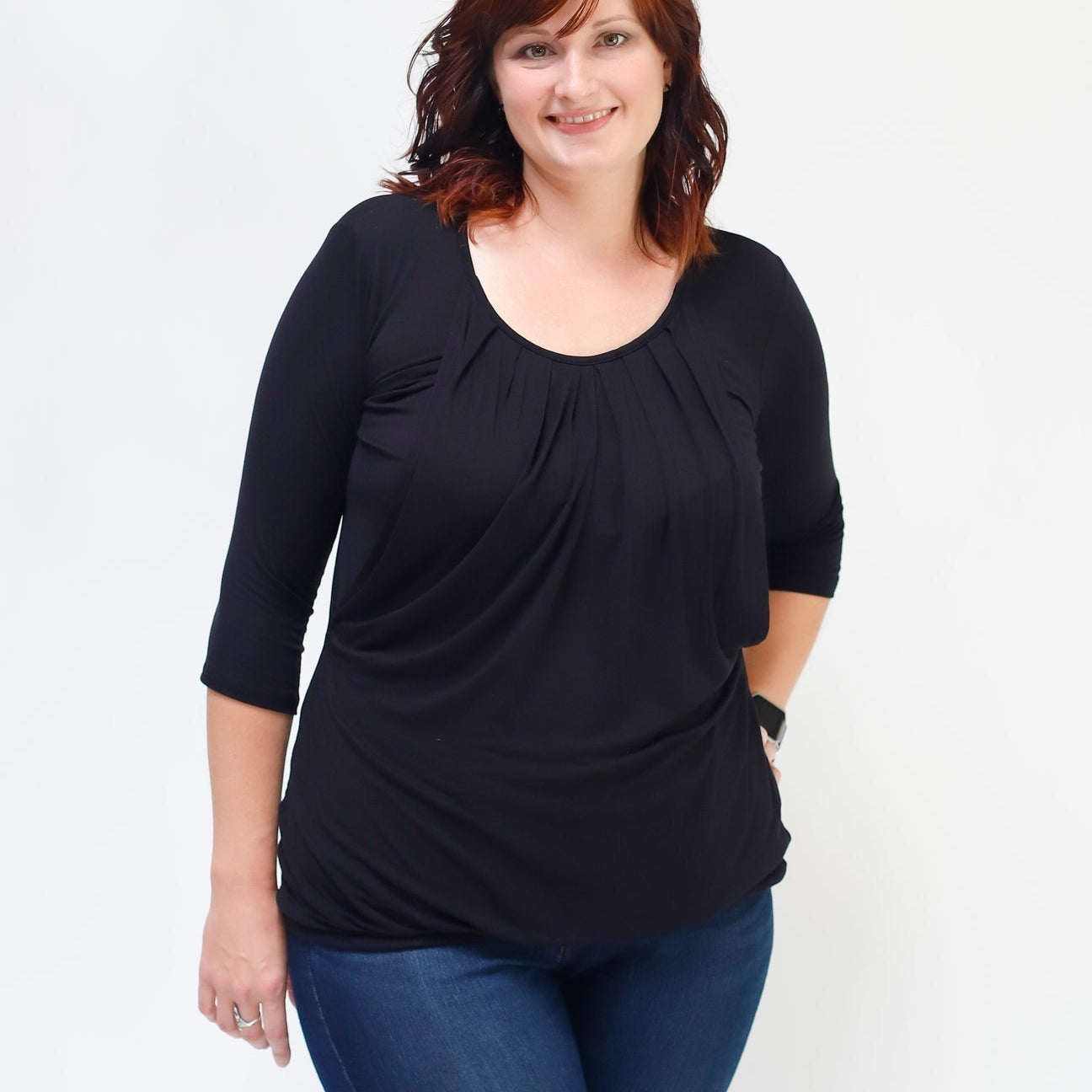 Black Pleated Nursing Top - 3/4 Sleeve