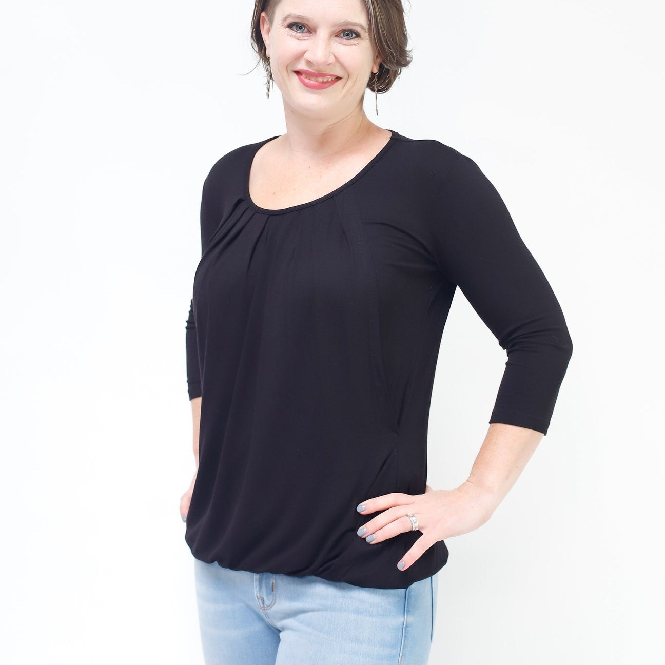 Black Pleated Nursing Top - 3/4 Sleeve