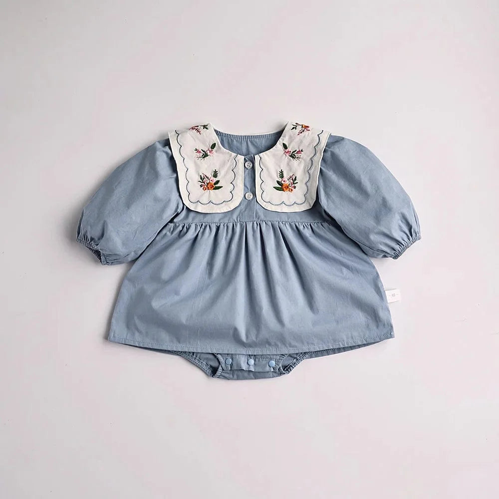 Blue Embroidered Collar Bodysuit Dress